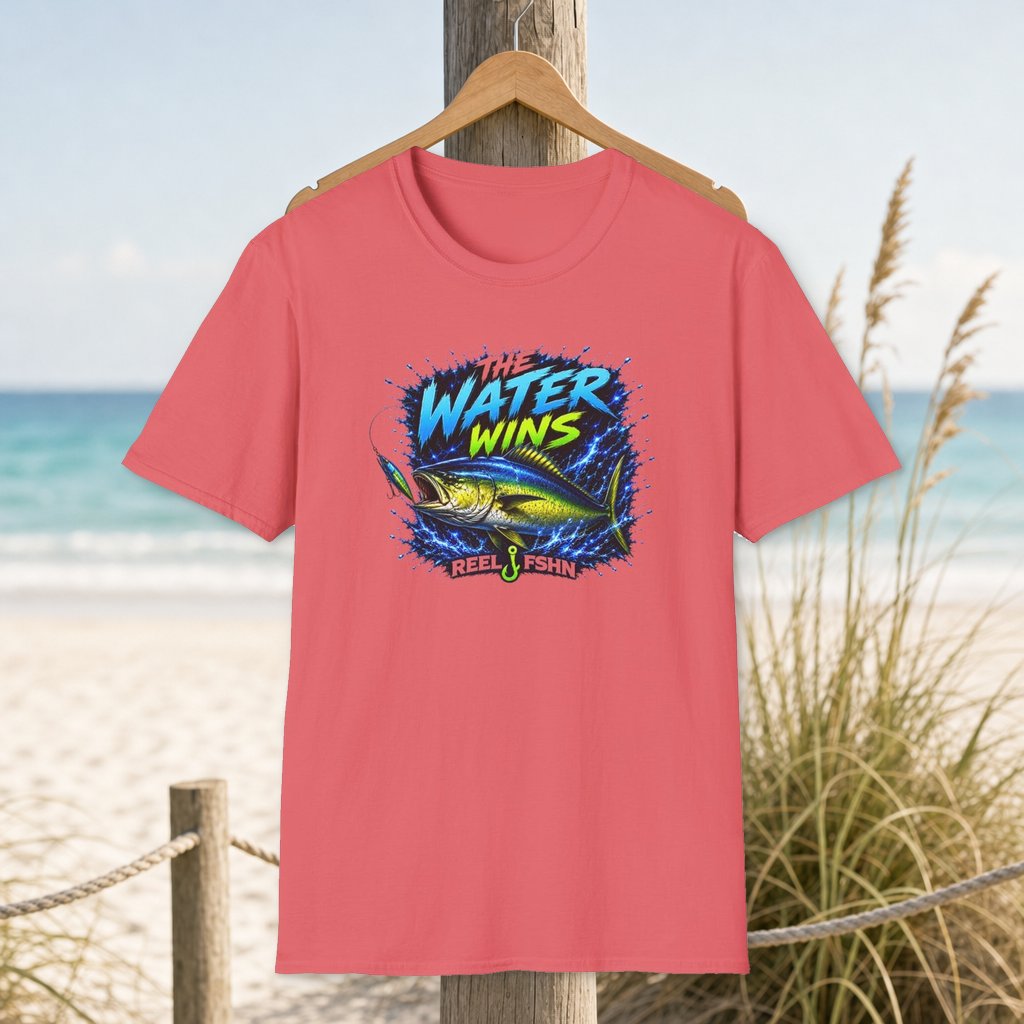 The Water Wins T-Shirt on a hanger beside a sandy beach and turquoise coastal water