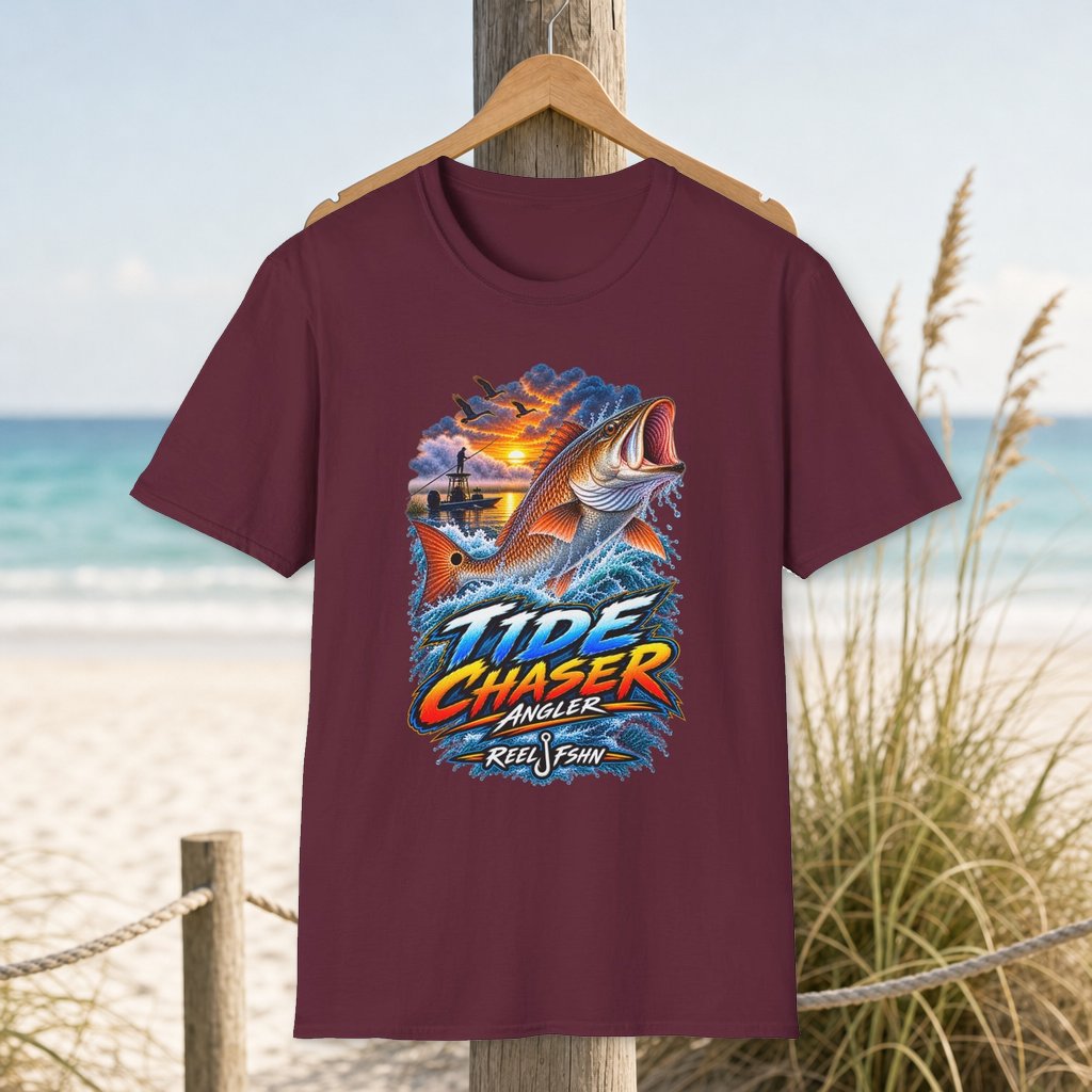 Tide Chaser Angler T-Shirt on a hanger beside a sandy beach and turquoise coastal water