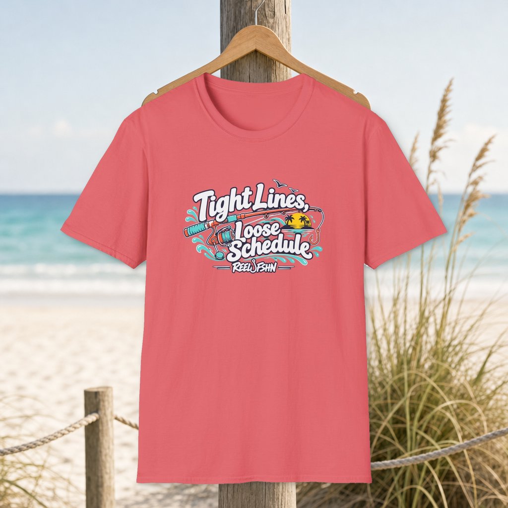 Tight Lines Loose Schedule T-Shirt on a hanger beside a sandy beach and turquoise coastal water