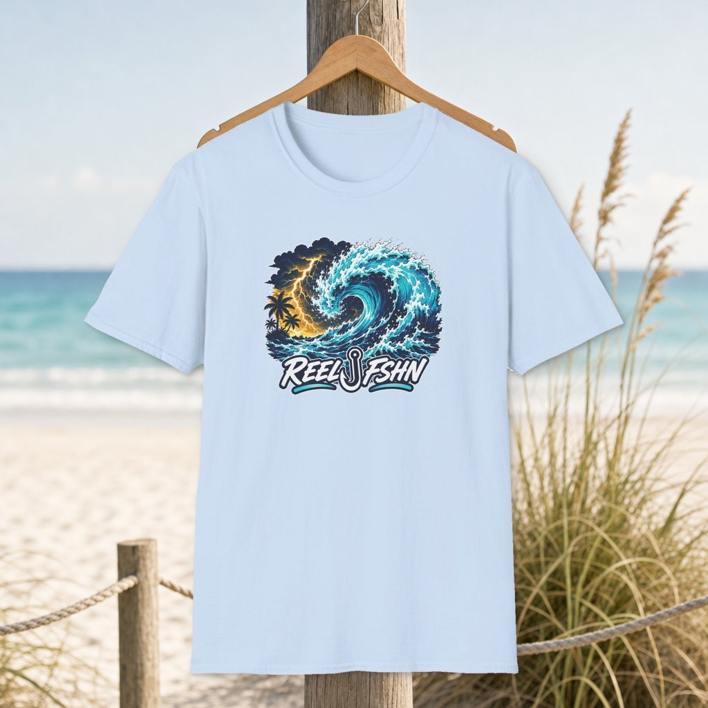 Tropical Storm Wave T-Shirt on a hanger beside a sandy beach and turquoise coastal water