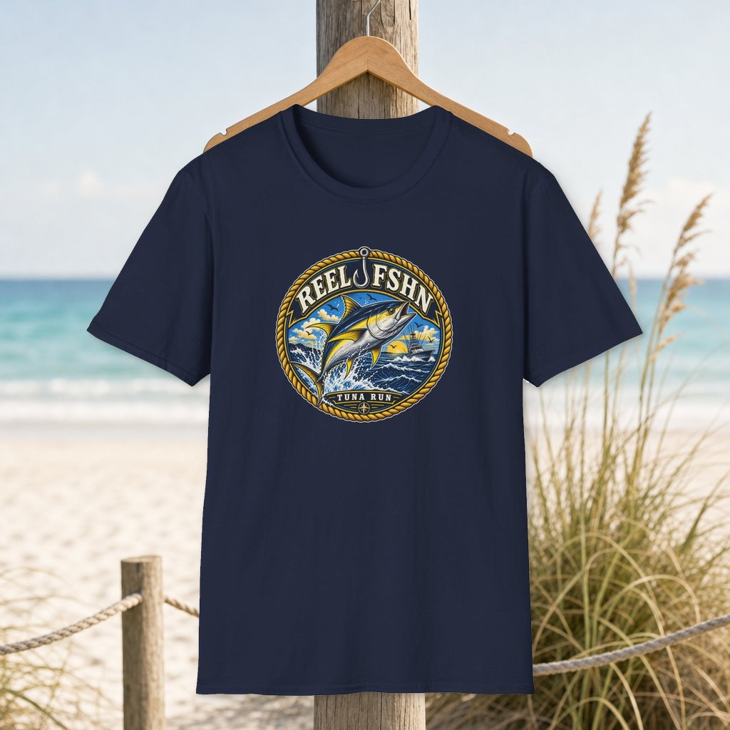 Tuna Run Patch T-Shirt on a hanger beside a sandy beach and turquoise coastal water