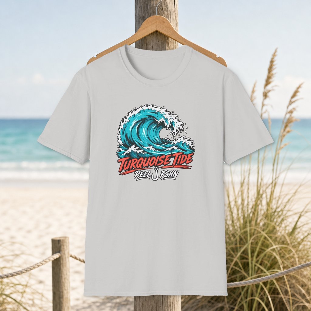 Turquoise Tide T-Shirt on a hanger beside a sandy beach and turquoise coastal water