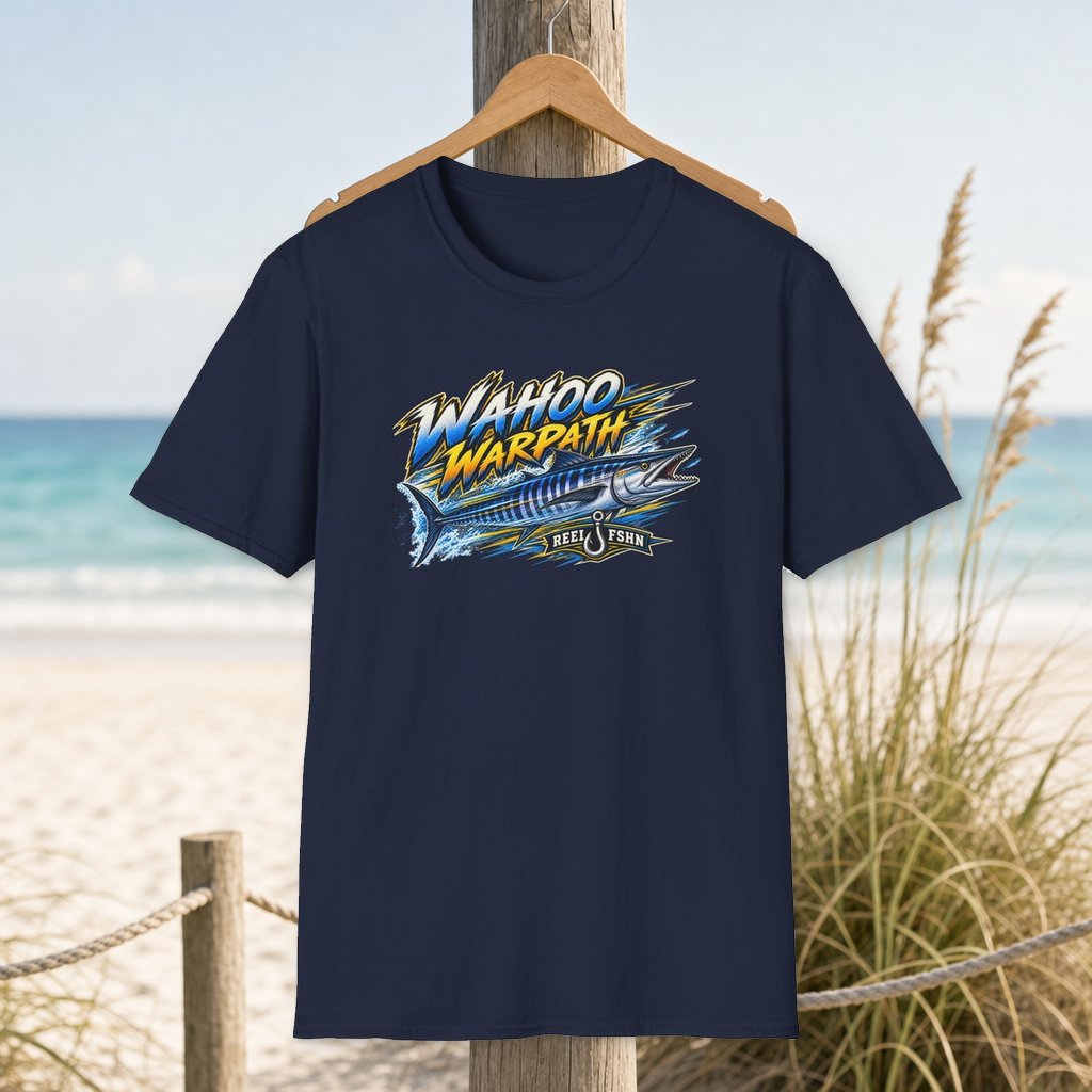 Wahoo Warpath T-Shirt on a hanger beside a sandy beach and turquoise coastal water