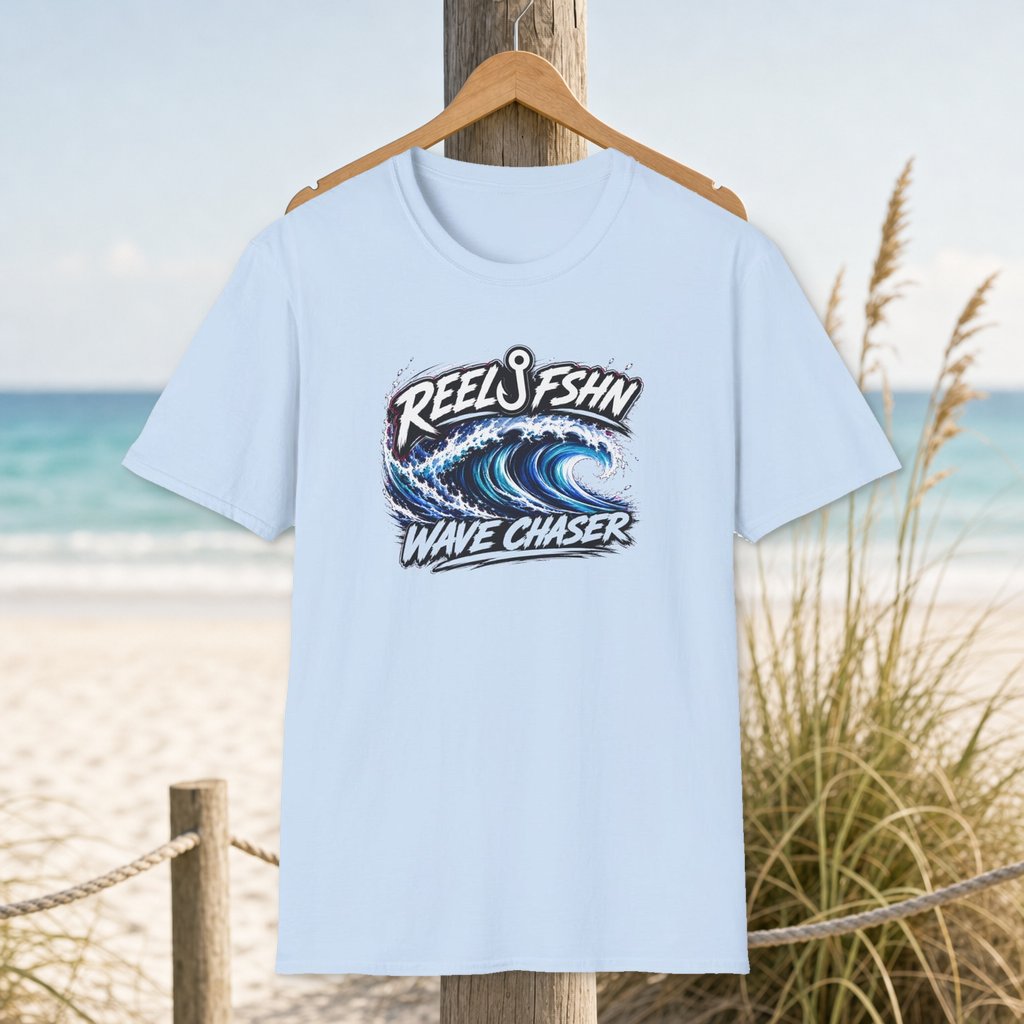 Wave Chaser T-Shirt on a hanger beside a sandy beach and turquoise coastal water