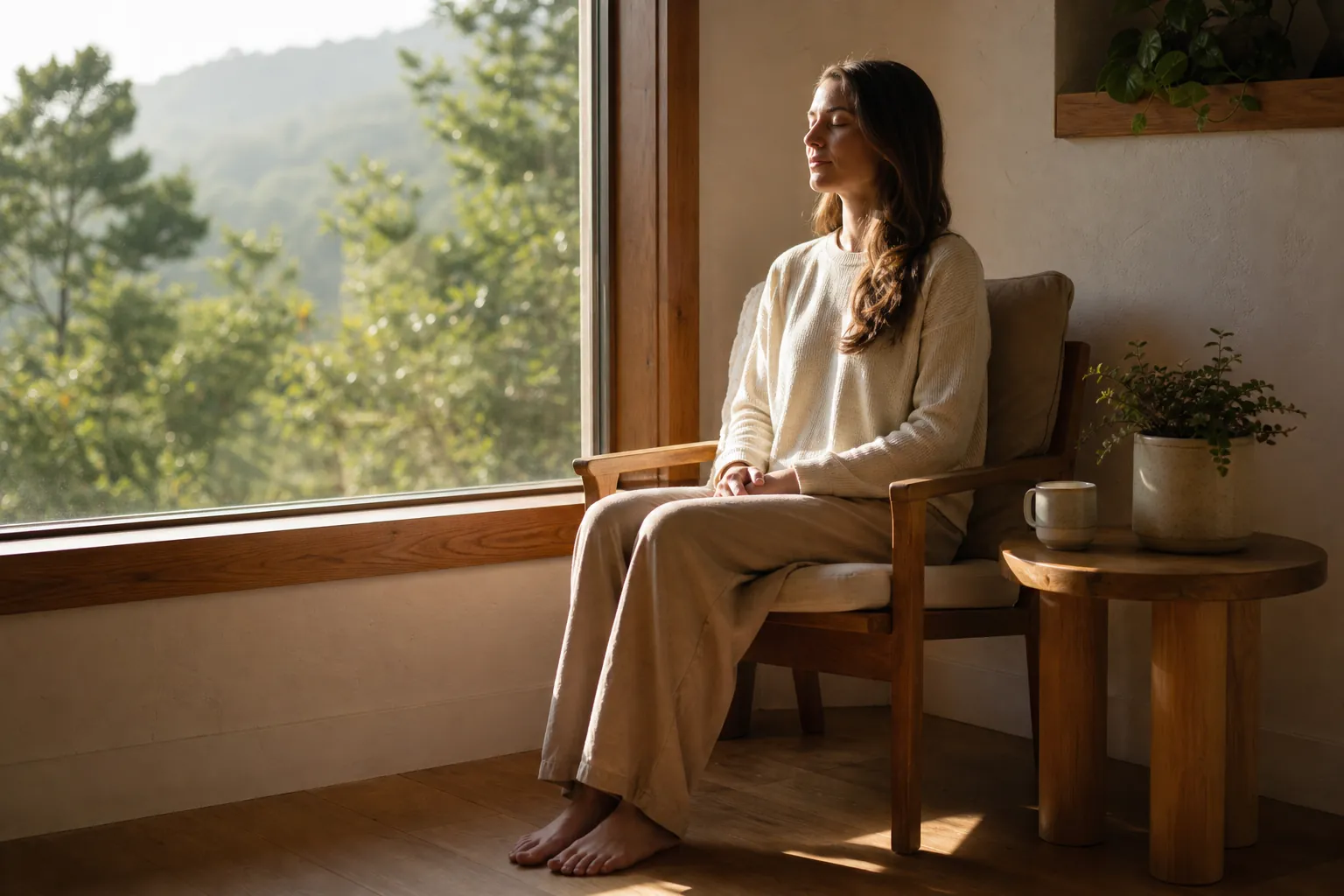 A person sitting quietly by a window with hands resting in their lap