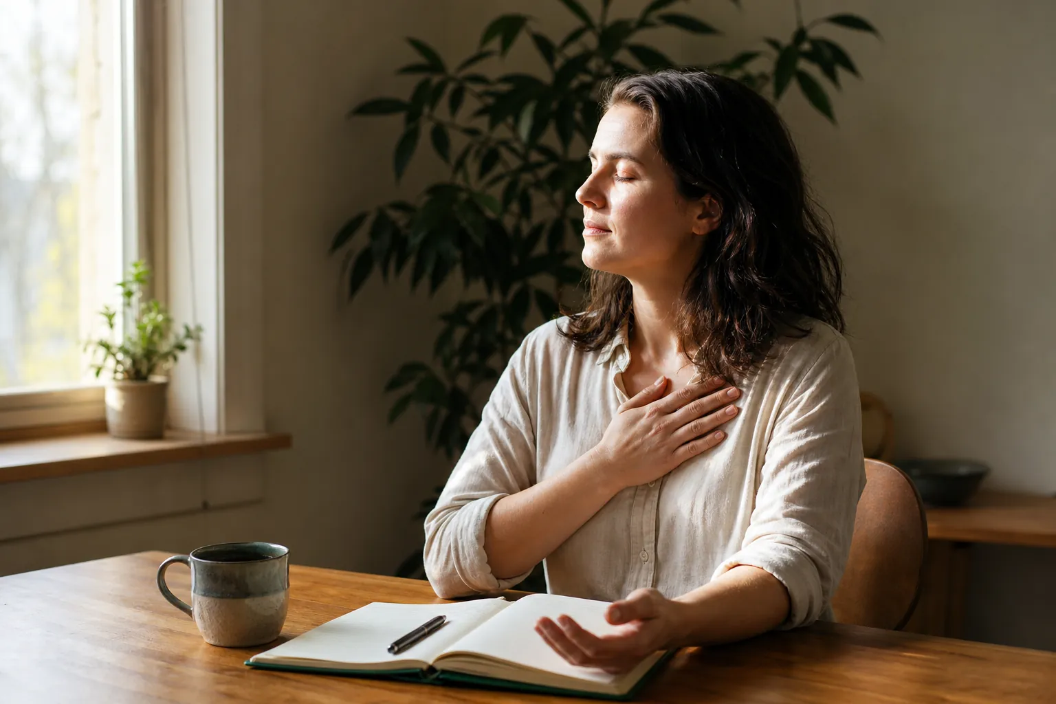 A woman sitting quietly with a hand over her heart and a notebook