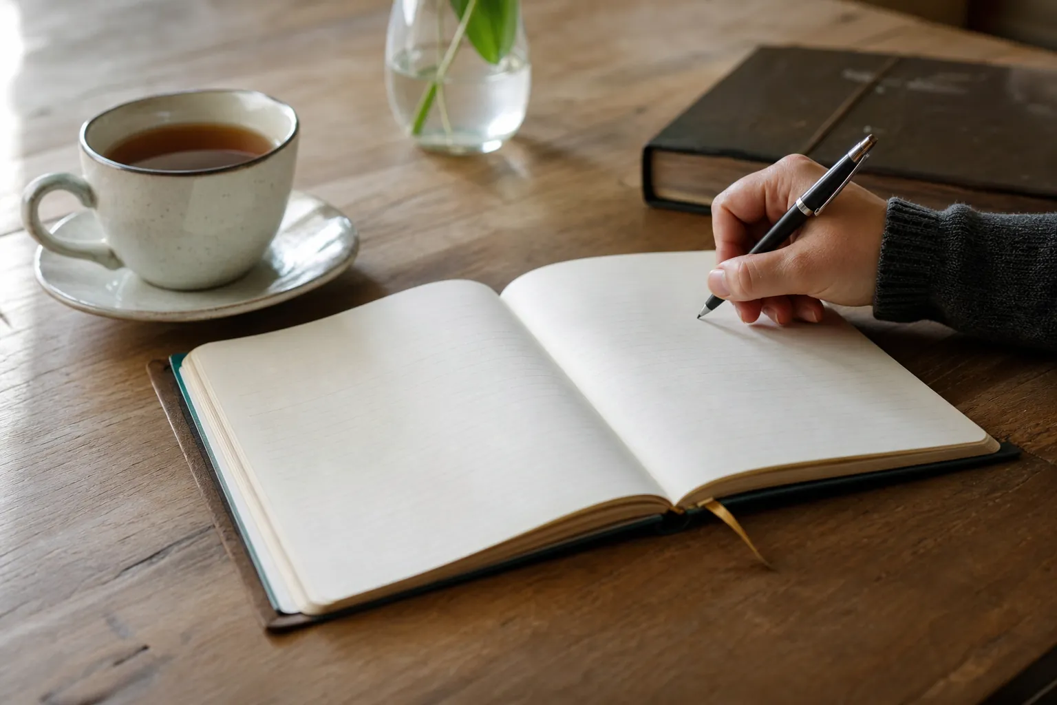 A reflective journal, pen, and tea arranged on a wooden table