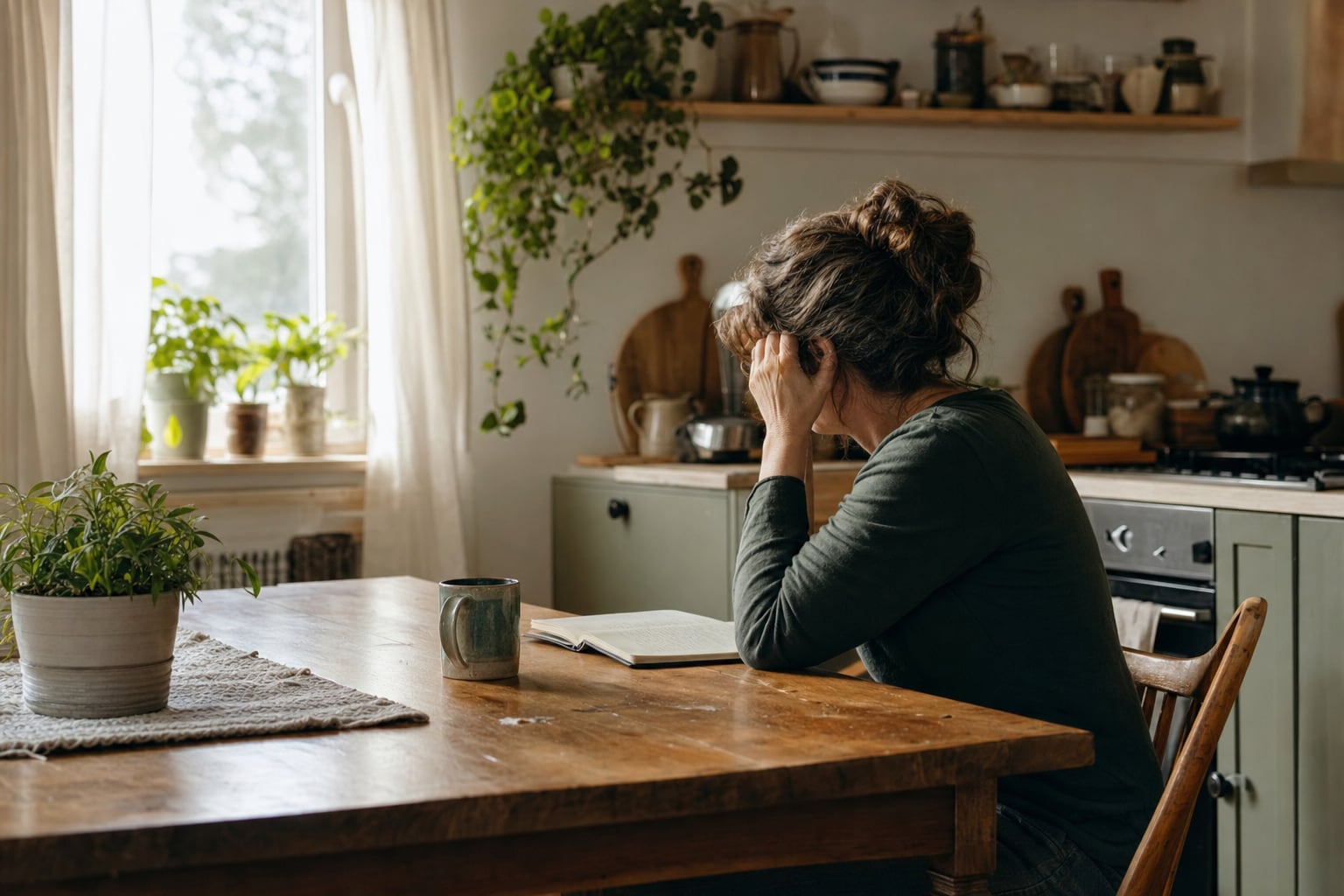 A caregiver pausing at a kitchen table in early morning light