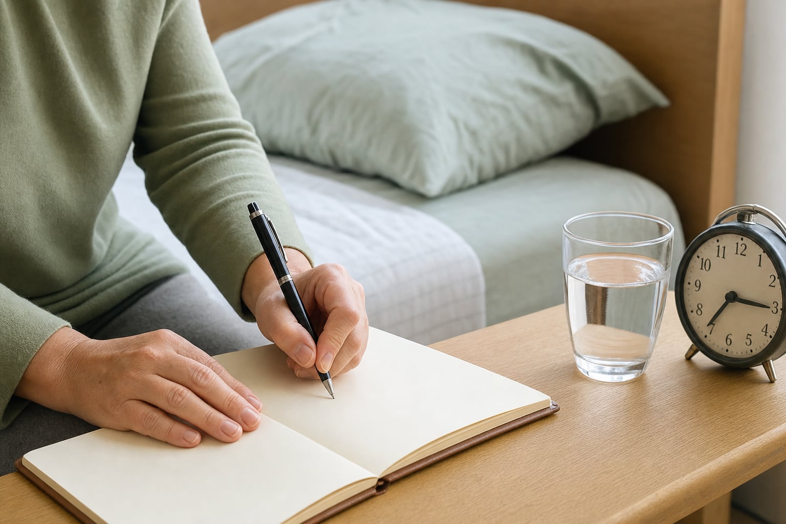 A caregiver writing notes beside a glass of water and an analog clock