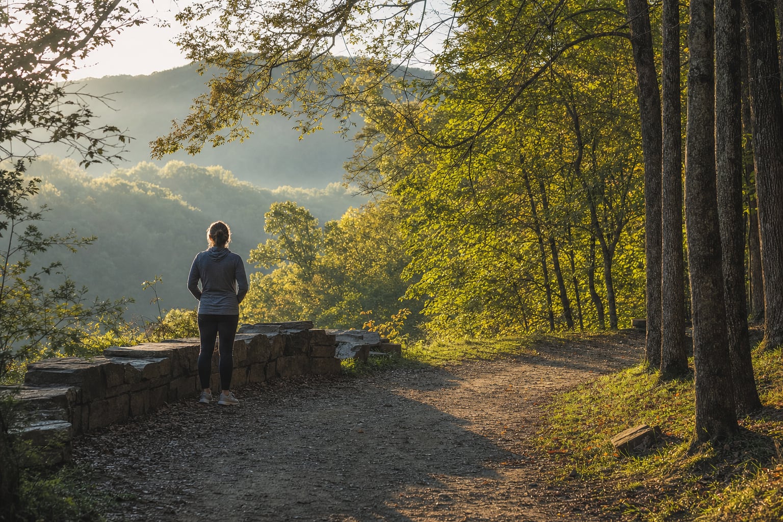 A caregiver taking a quiet pause on an Appalachian woodland path