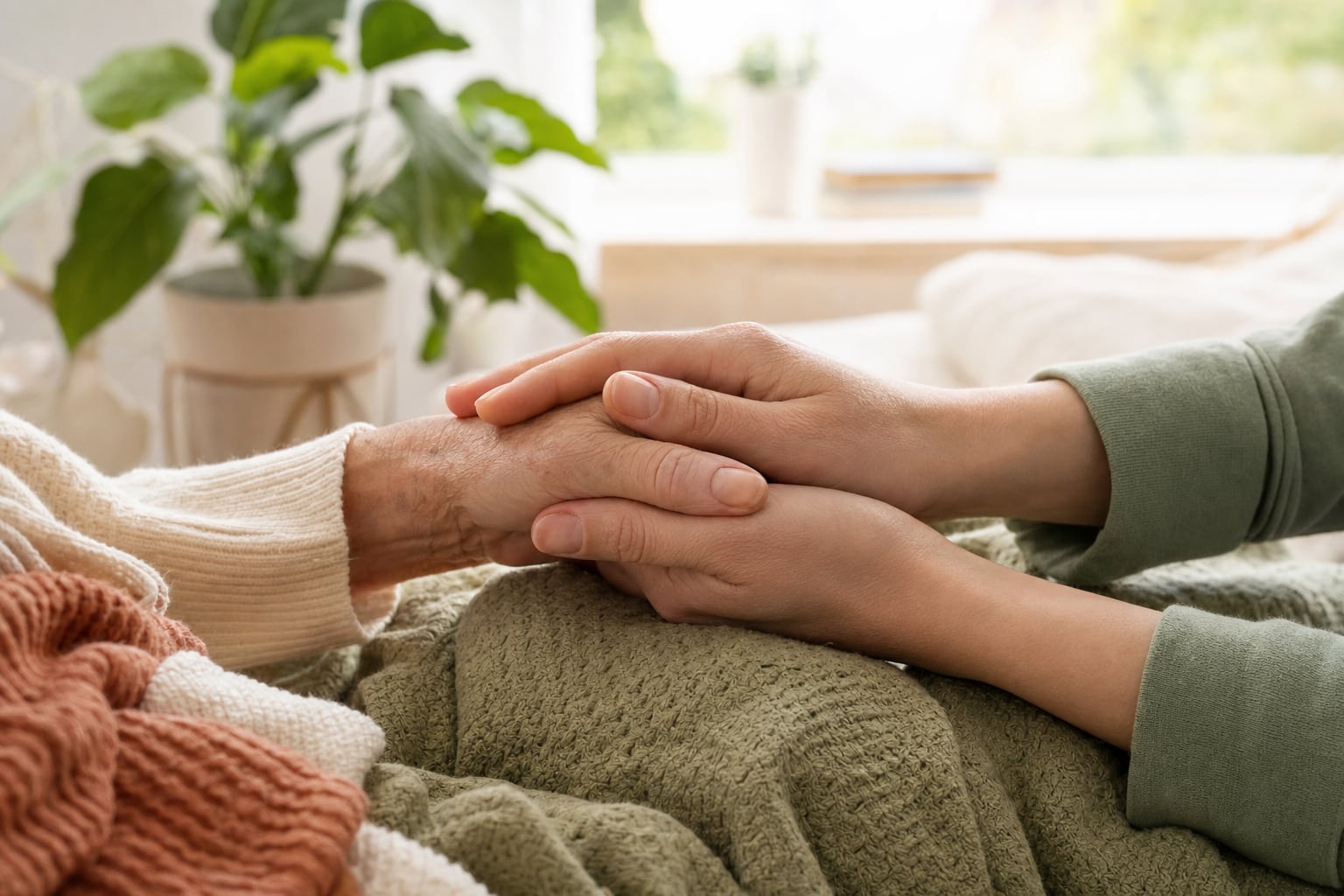 An older hand held gently by the hands of a caregiver