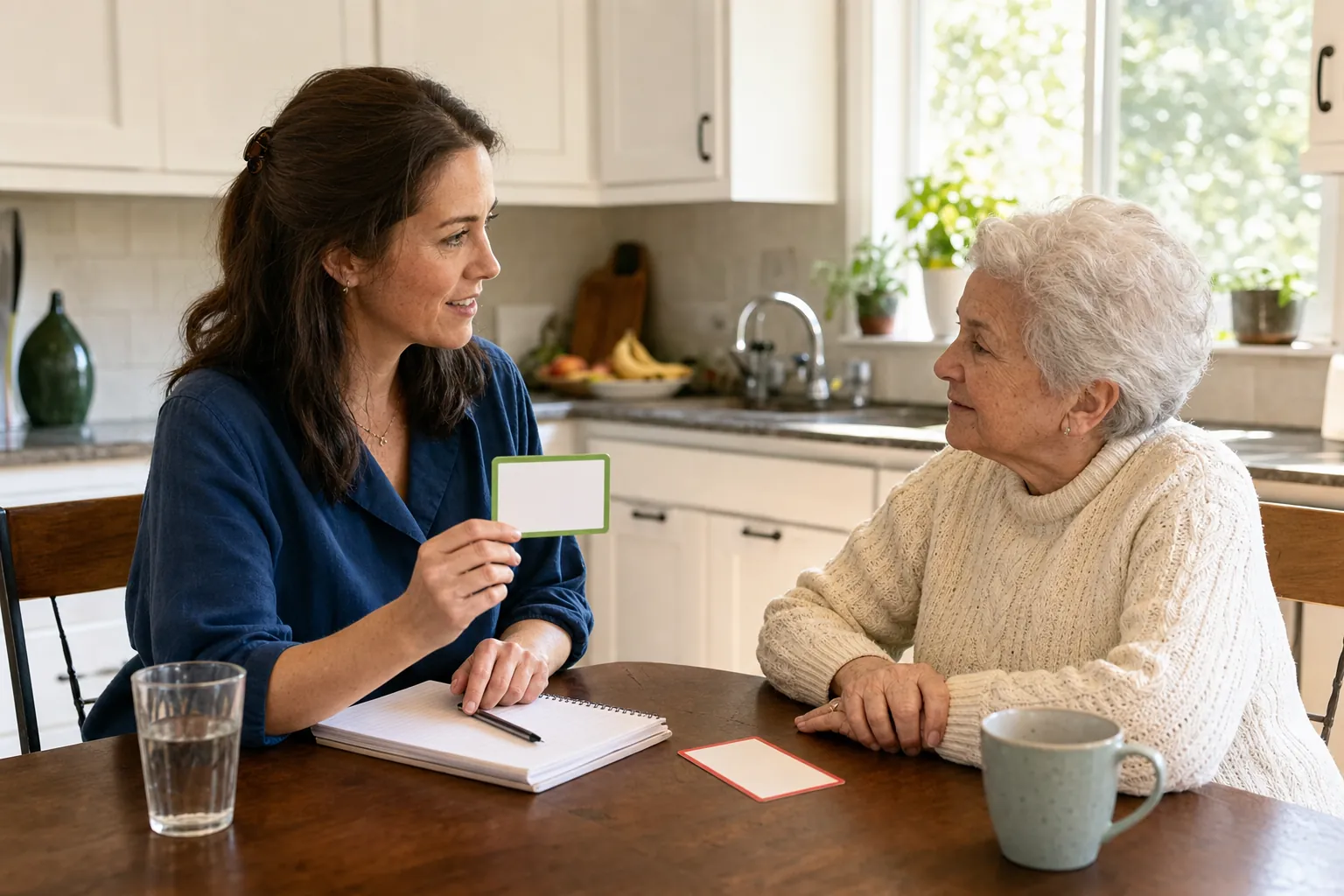 An adult daughter using blank communication cards with an older parent at a kitchen table