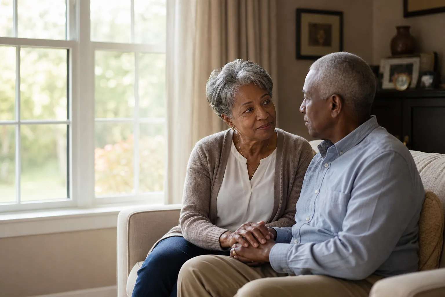An older couple sitting together and holding hands beside a window