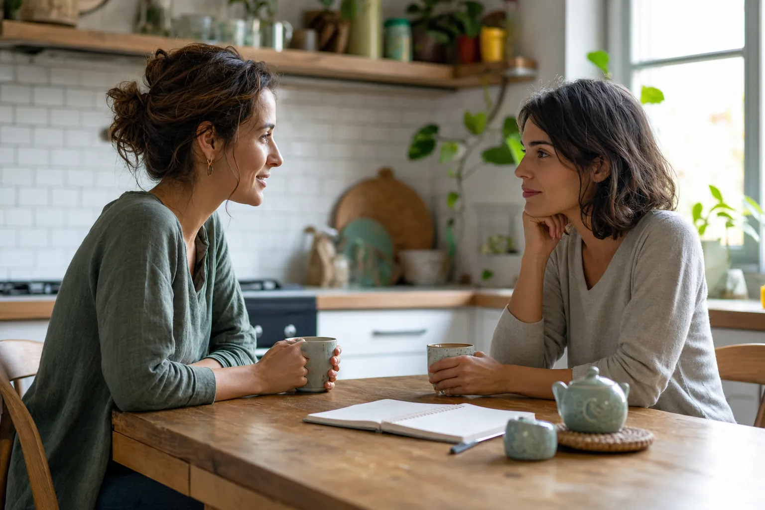 Two people having a calm conversation at a kitchen table