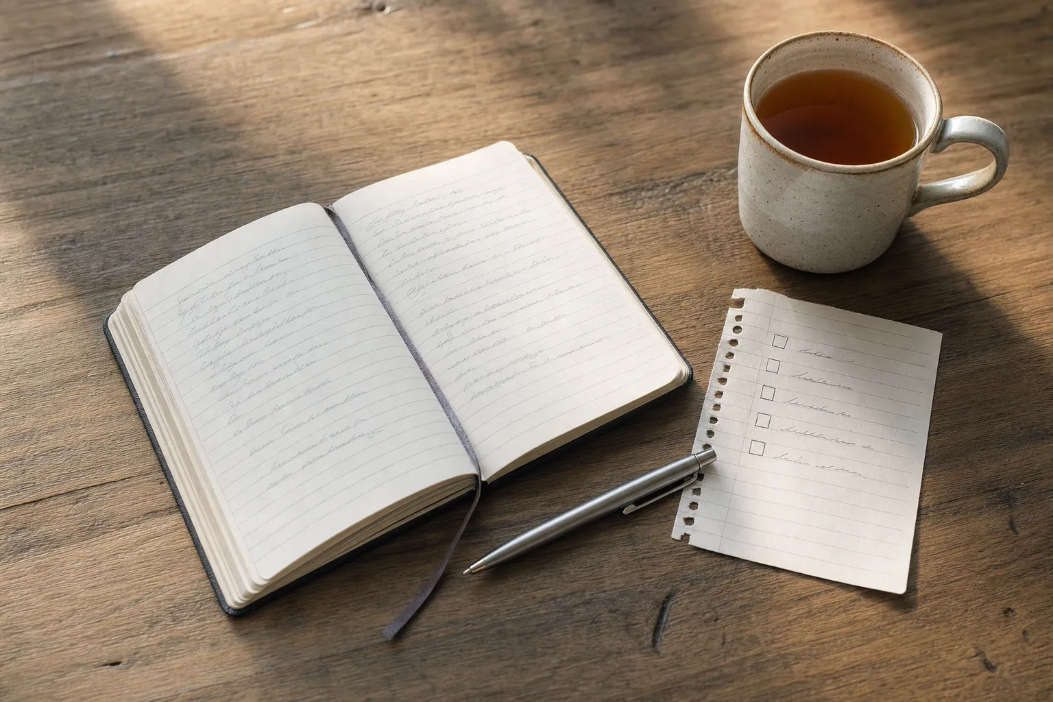 A journal, checklist, pen, and cup of tea on a wooden table