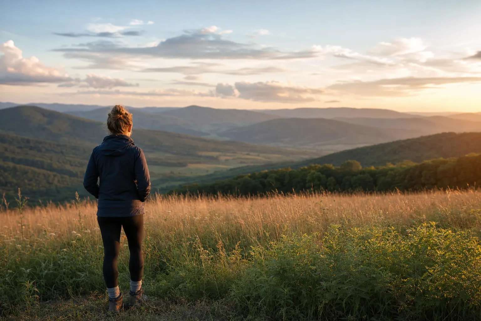 A person standing quietly in an Appalachian meadow at sunset