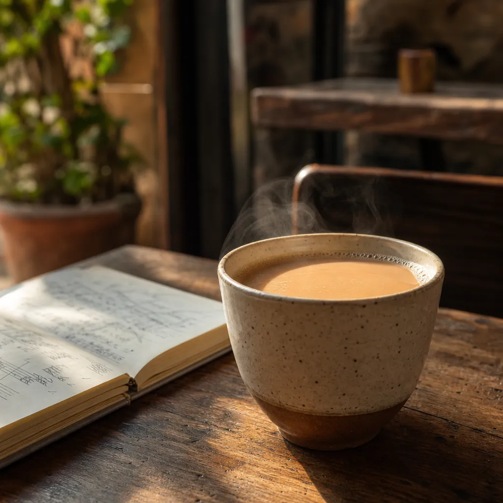 A warm cup of chai beside a notebook in sunlight