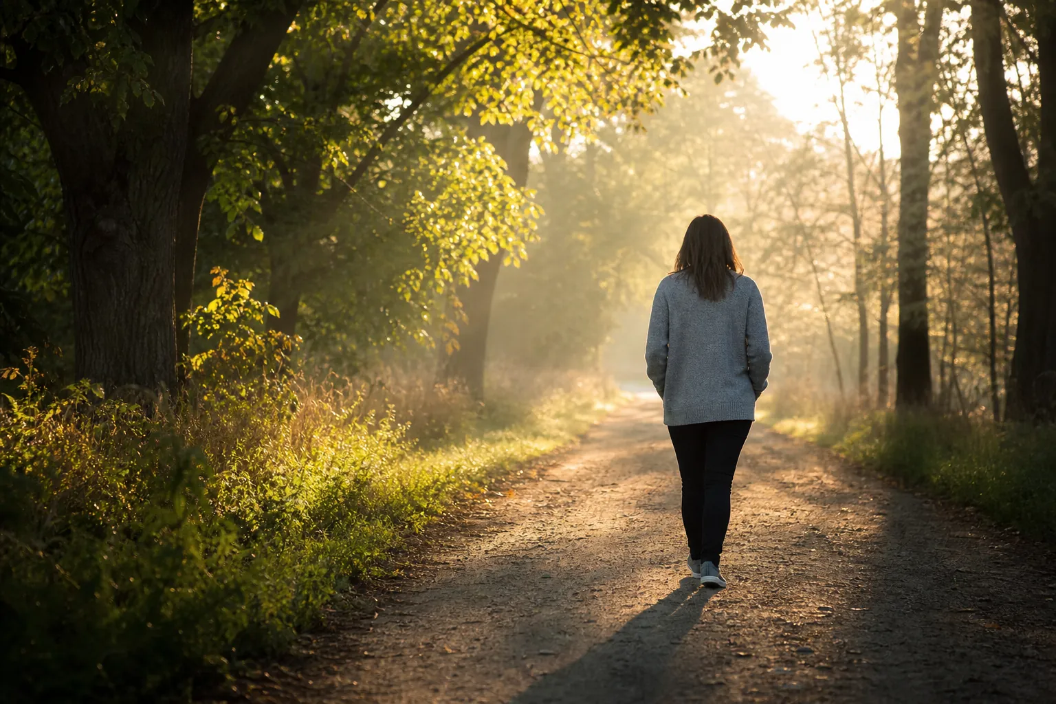A person walking alone on a sunlit wooded path