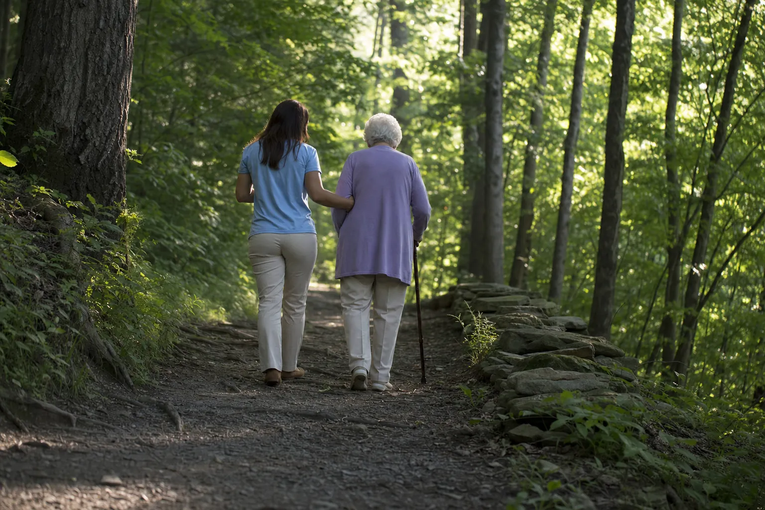An adult caregiver walking beside an older loved one on a wooded path