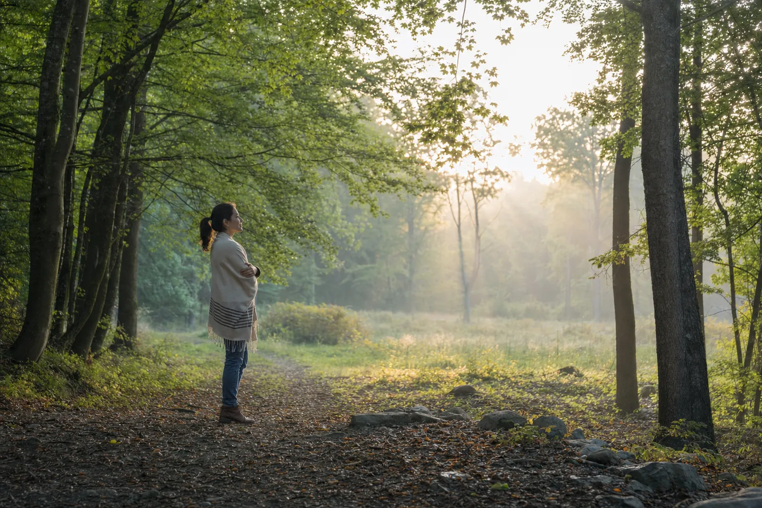 A person pausing thoughtfully on a wooded path in morning light