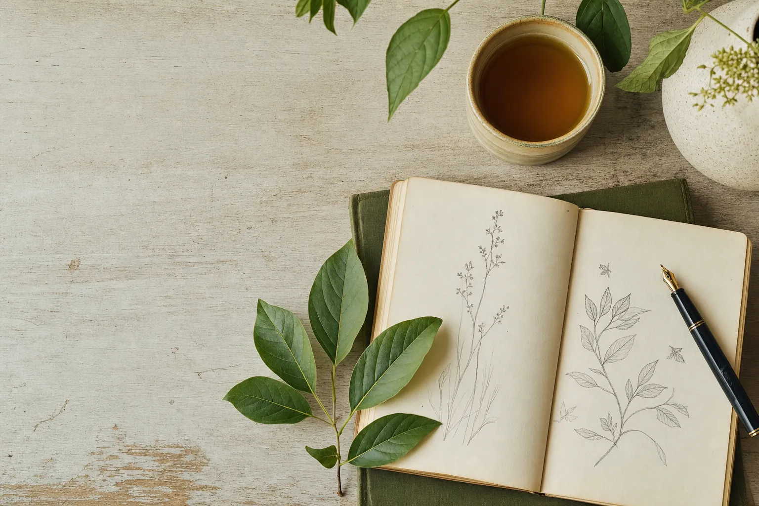 Notebook and tea prepared for reflective learning