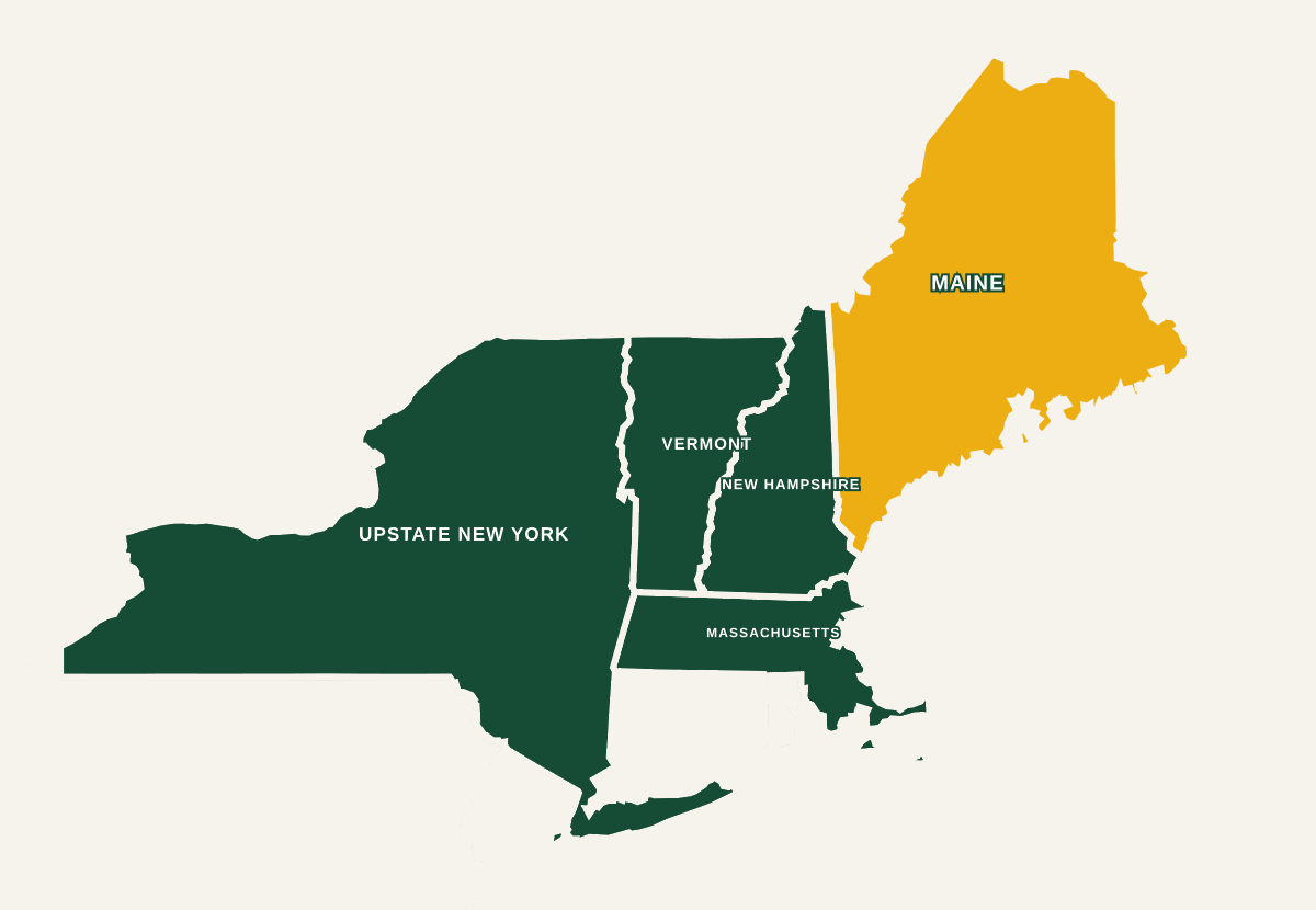 US-focused map highlighting Maine, New Hampshire, Vermont, Massachusetts, and upstate New York as Cross Country Land Services' regional service area
