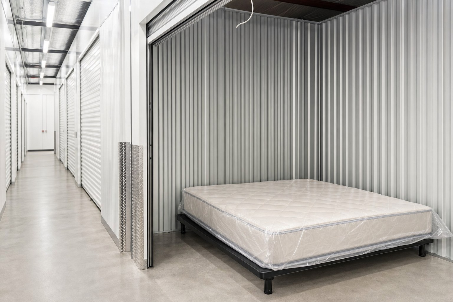 Mattress protected in a bag and stored flat in a clean indoor storage unit