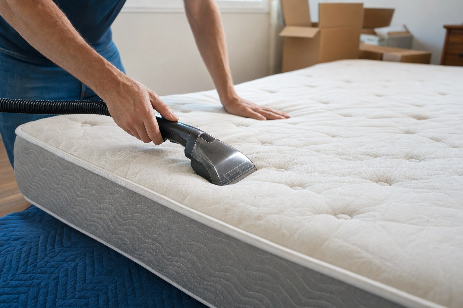 Mattress being vacuumed carefully before storage