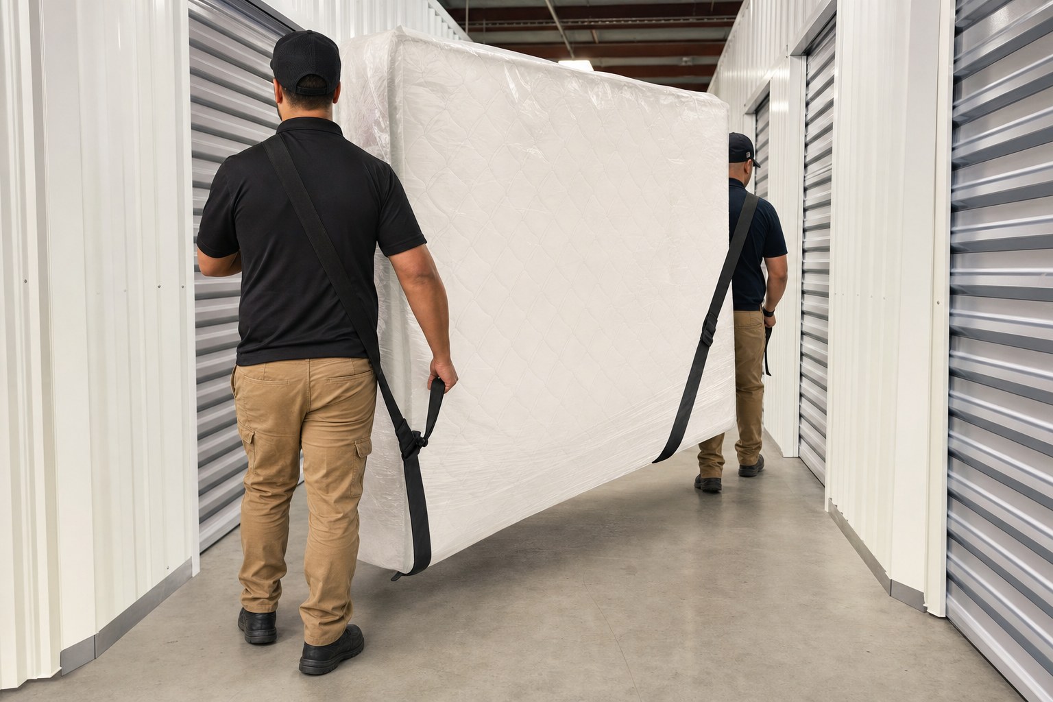 Two movers carrying a protected mattress through a storage hallway