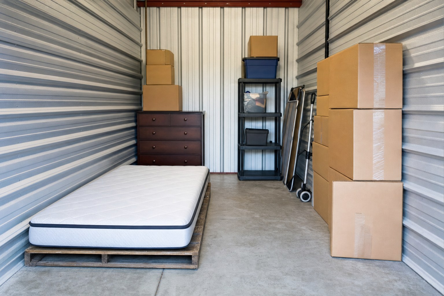 Organized storage unit with a mattress flat on a low platform and a clear walkway