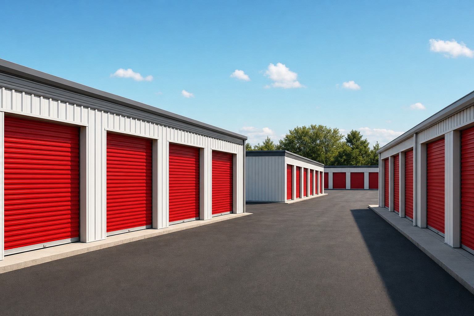 Illustration of modern exterior storage buildings with red doors and a paved drive aisle
