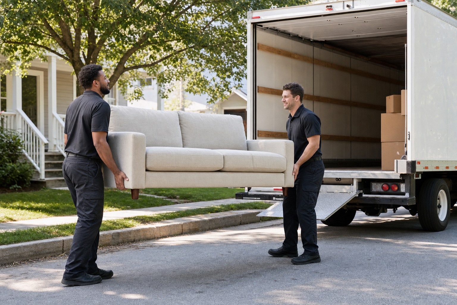 Illustration of two movers carrying a sofa toward a moving truck