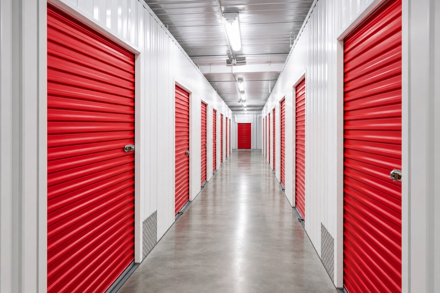 Illustration of climate-controlled storage with white walls and red doors