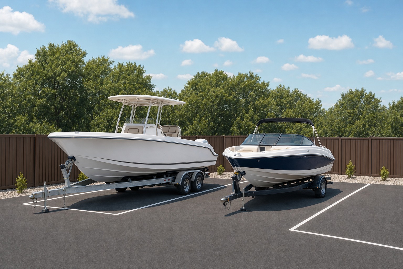 Illustration of boats stored on trailers in an outdoor storage lot