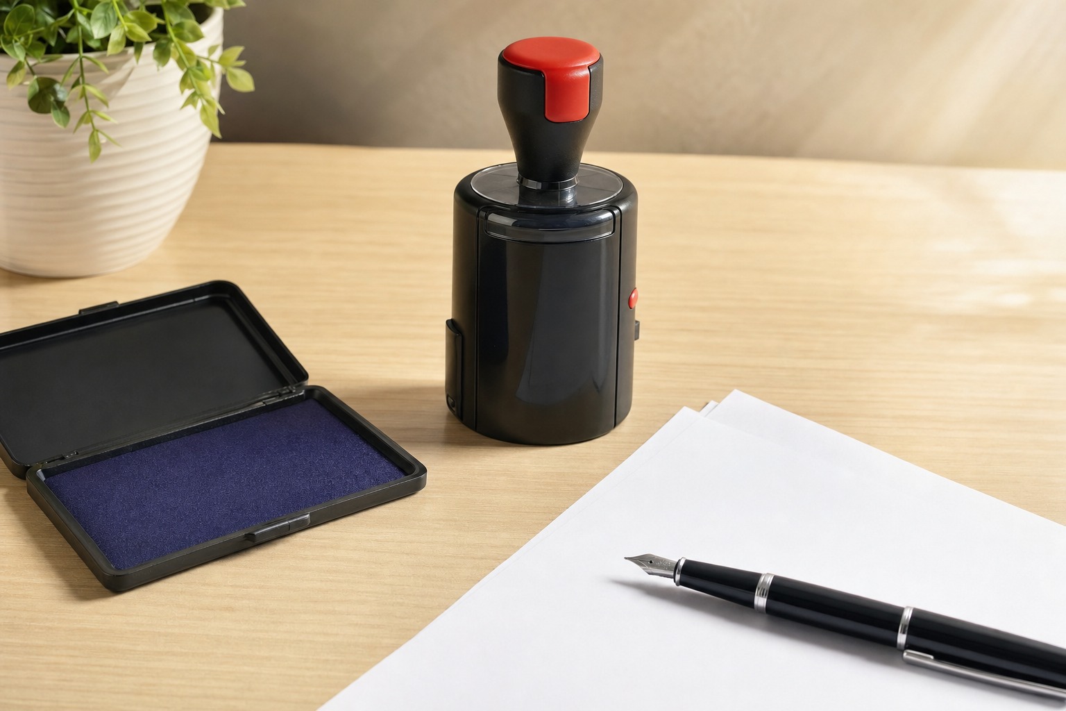 Illustration of a document stamp, ink pad and pen