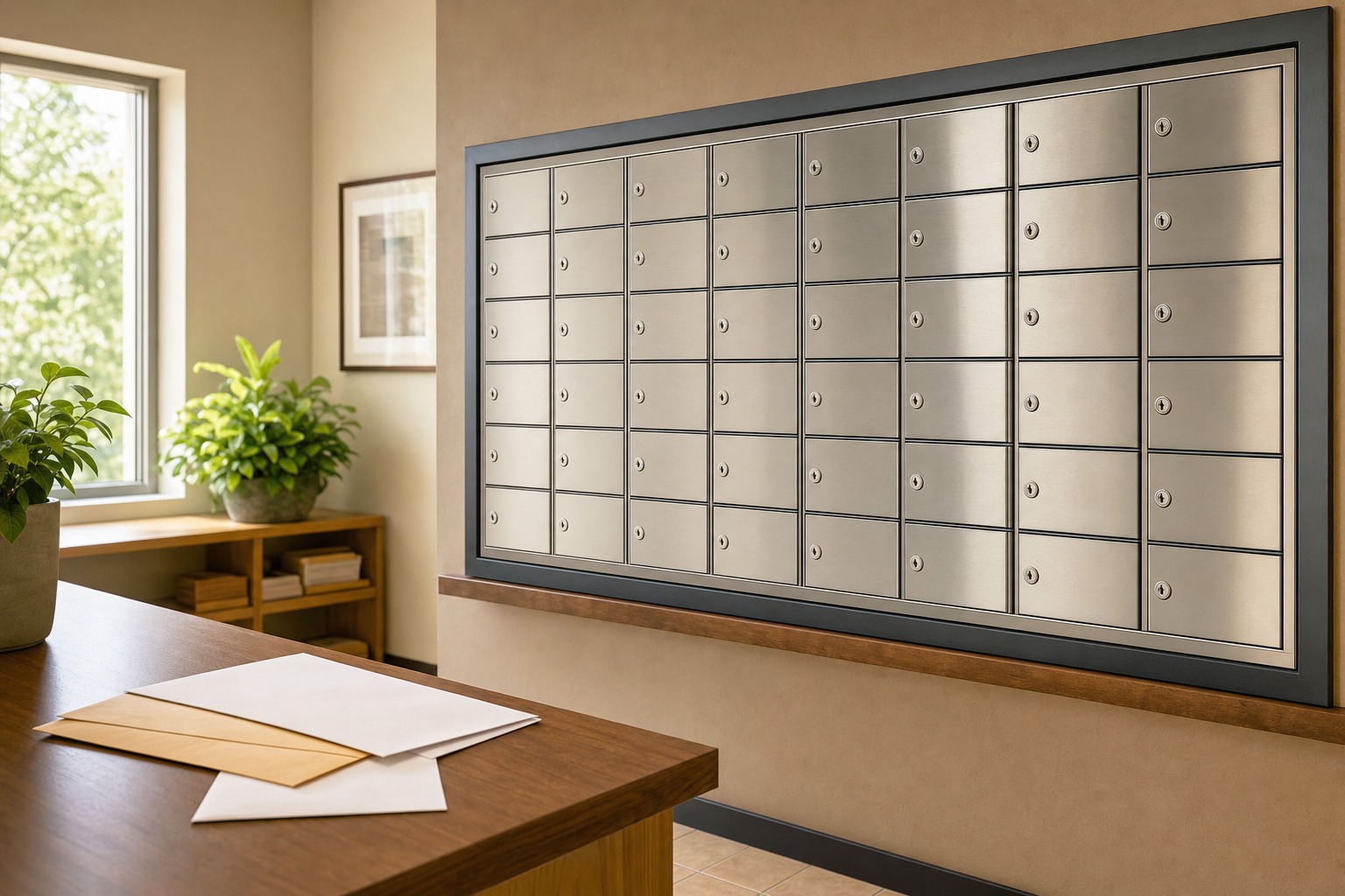 Illustration of individual lockable rental mailboxes