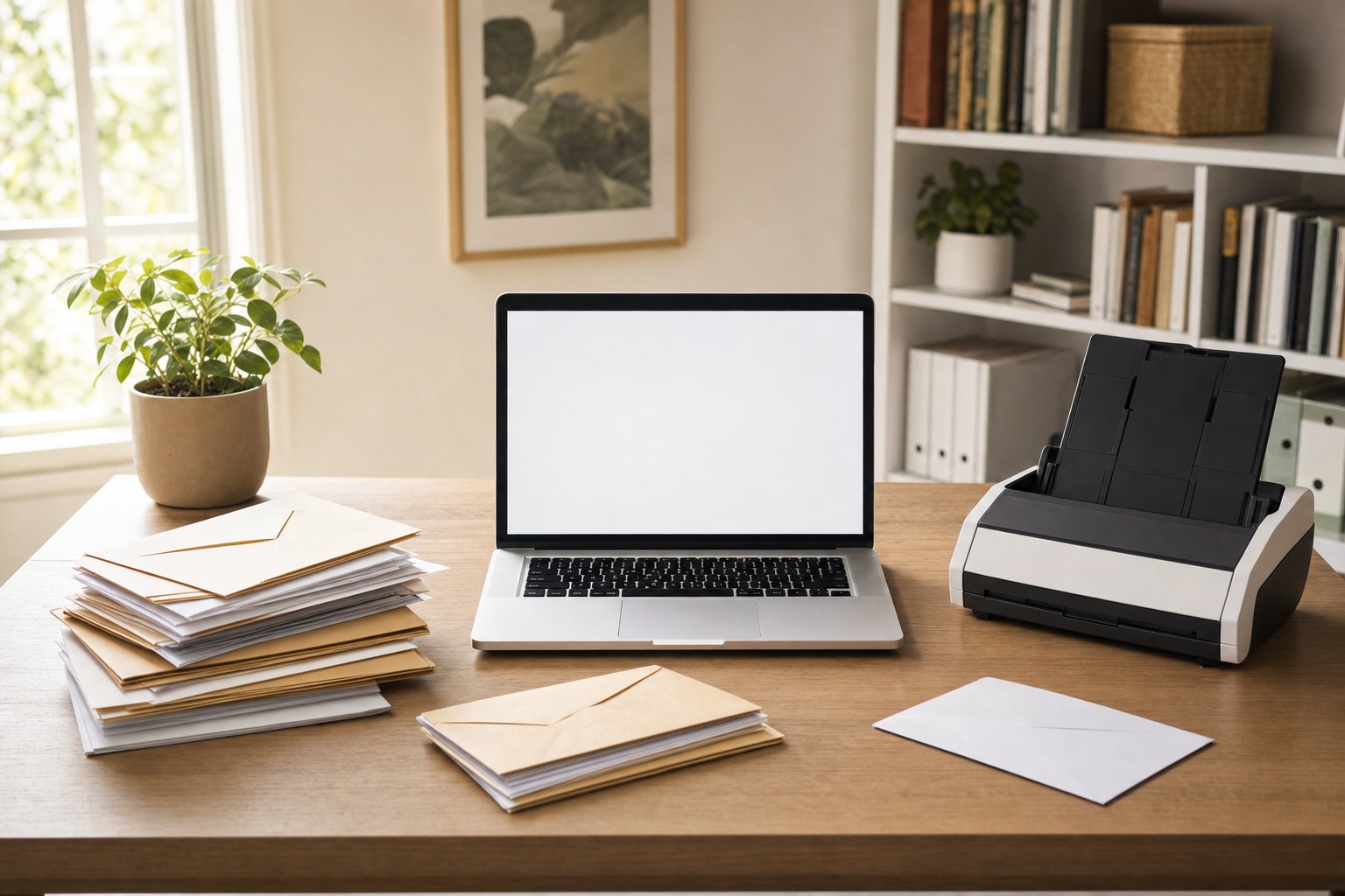 Illustration of envelopes, a document scanner and a laptop for virtual mail management