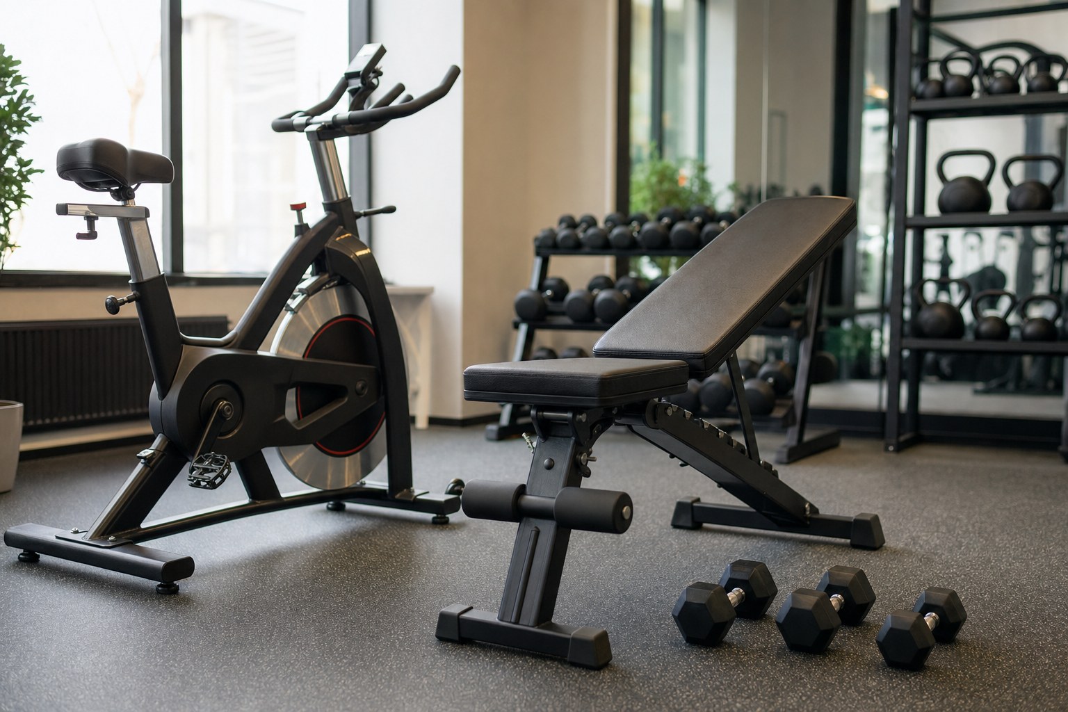 Stationary bike, adjustable bench, and light dumbbells in a gym