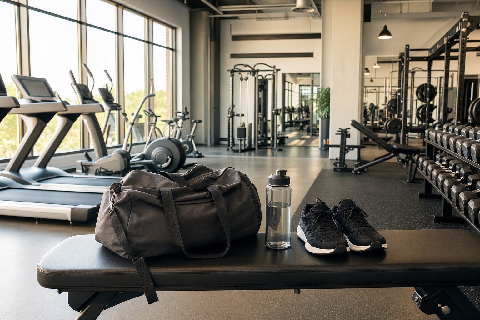 Gym bag, water bottle, and training shoes on a bench in a bright gym