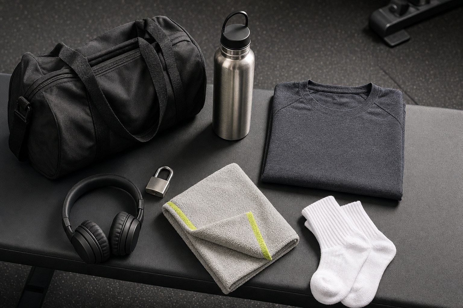 A gym bag, water bottle, workout shirt, towel, socks, headphones, and lock arranged on a bench