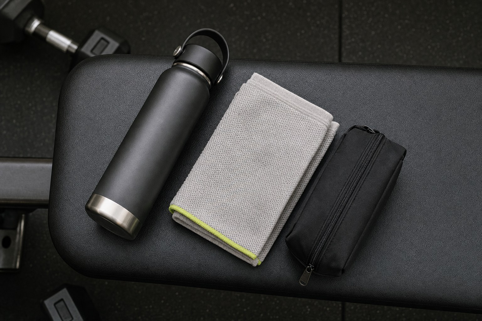 A reusable water bottle, clean towel, and small pouch on a gym bench