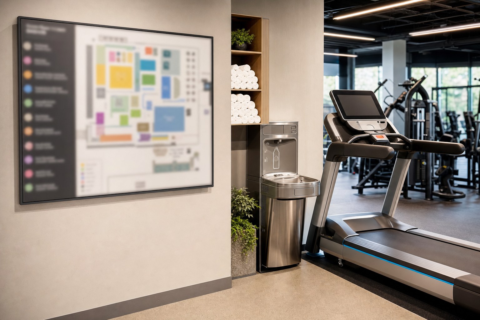 Gym orientation board, water station, and treadmill in a clean fitness center