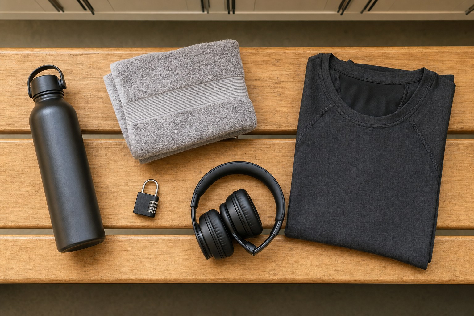 Water bottle, towel, lock, headphones, and folded shirt on a wooden bench