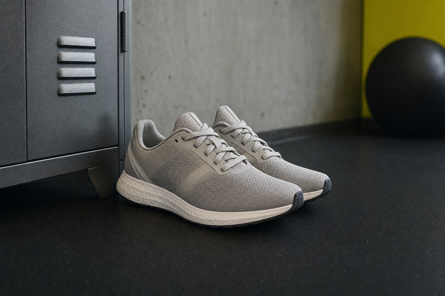 Neutral training shoes beside a gym locker