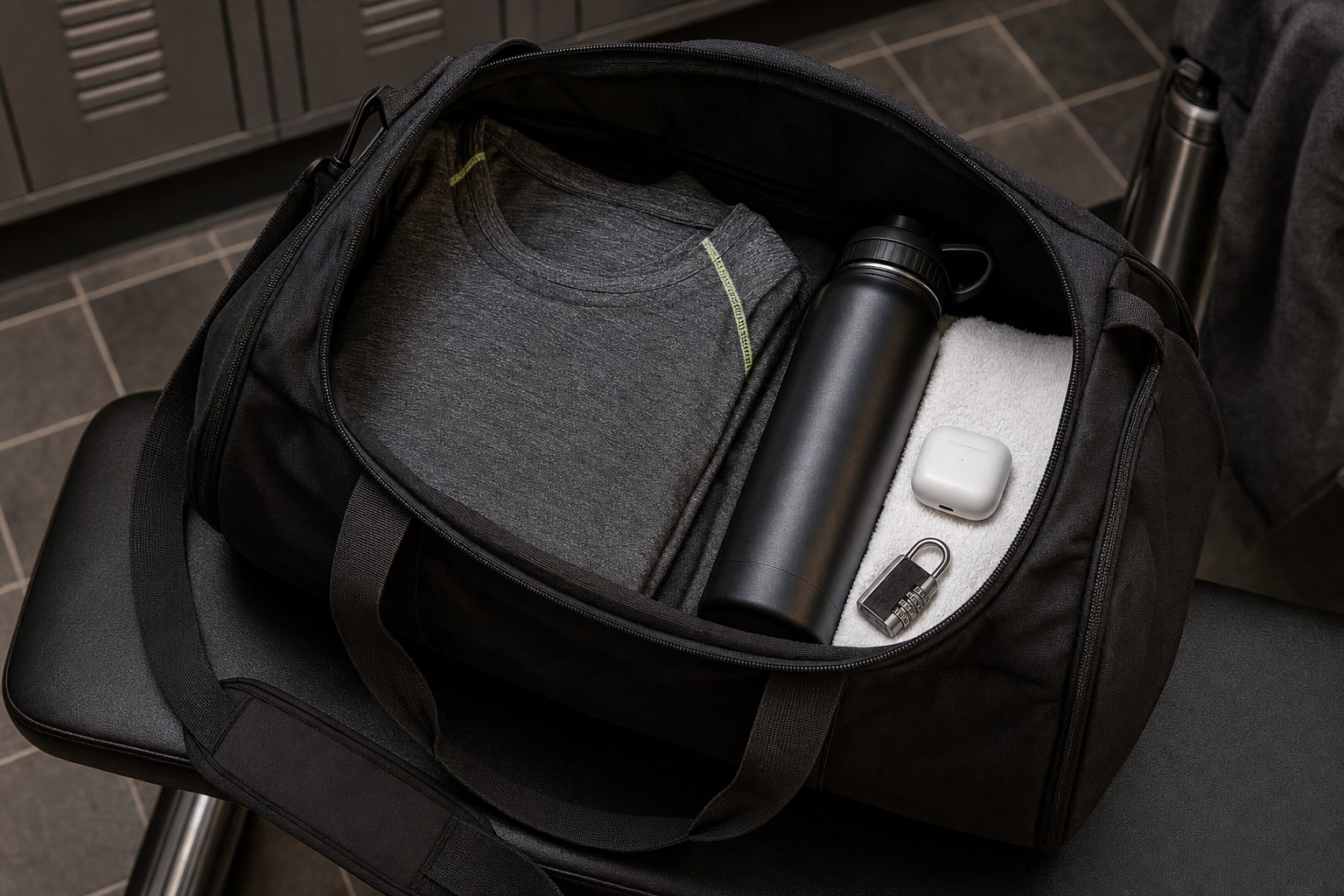 A packed gym bag with a shirt, water bottle, towel, earbuds, and lock