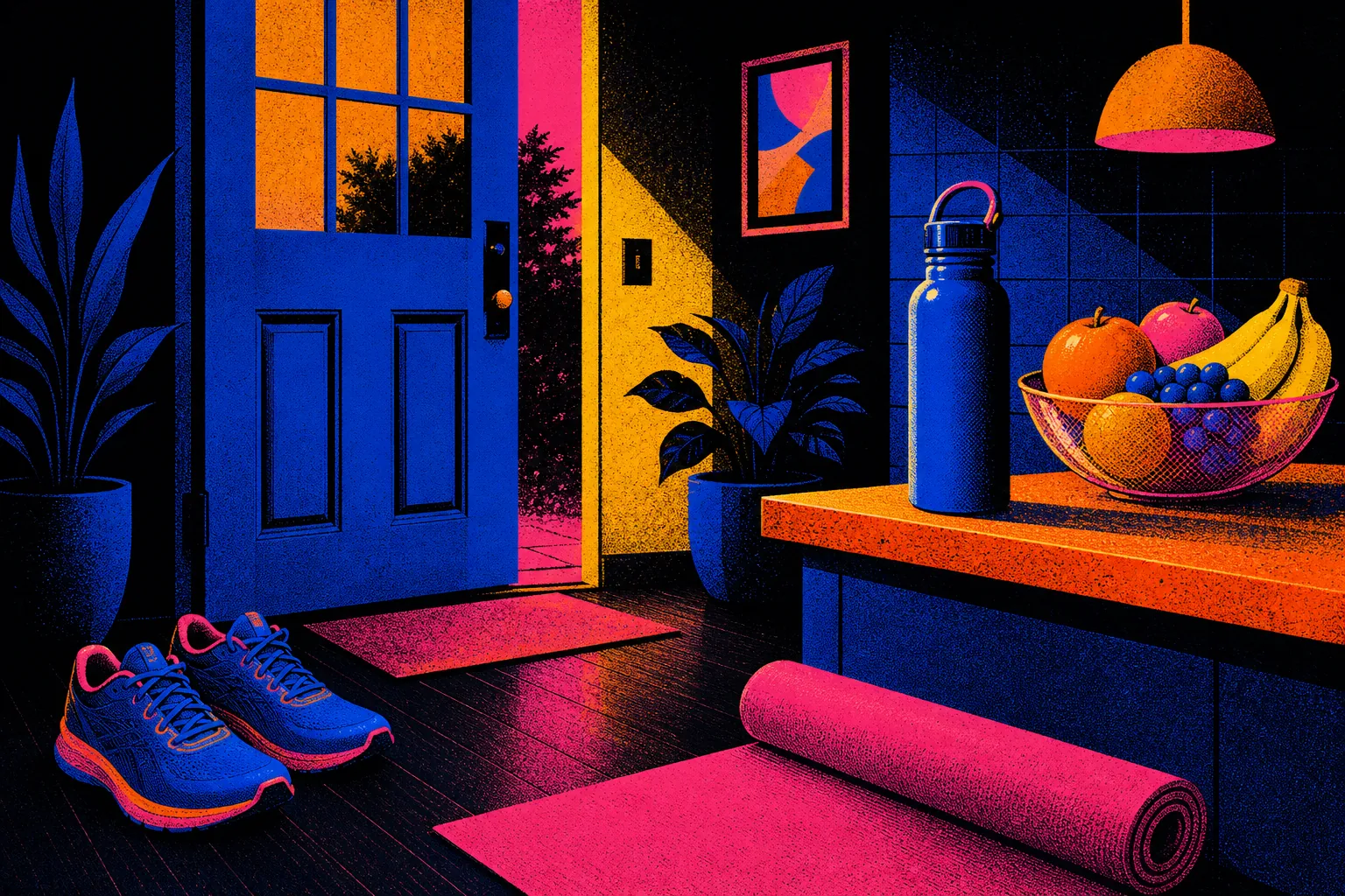 Trainers, water, fruit and yoga mat set out at home
