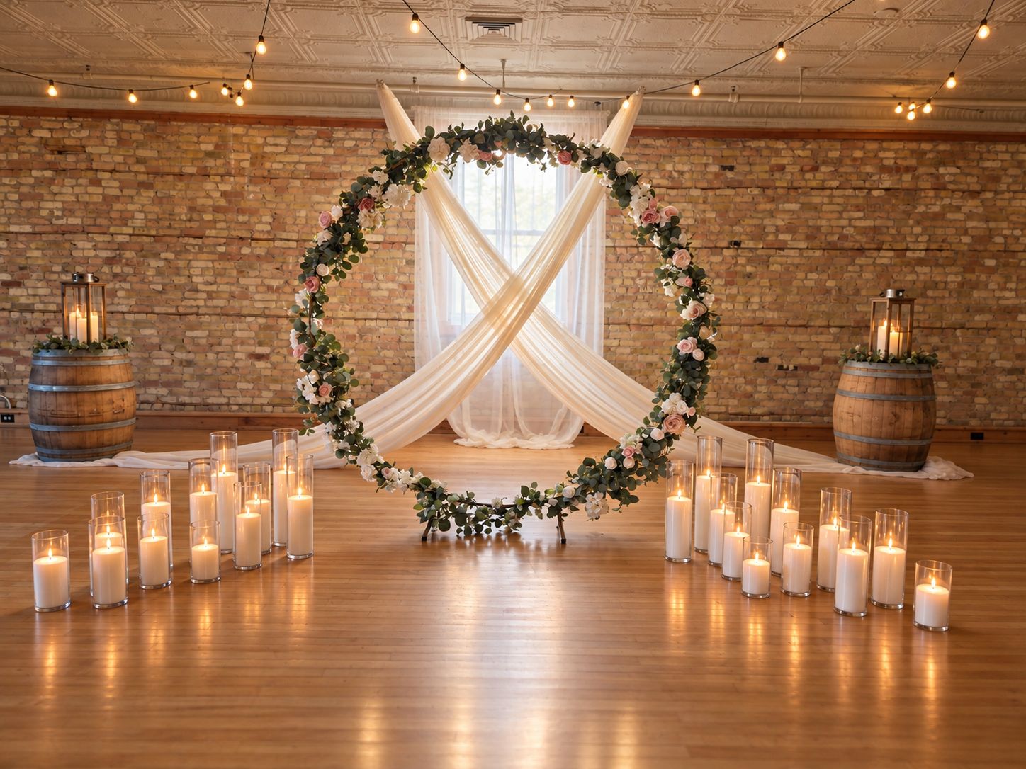 Layered glass hurricanes framing a circular ceremony backdrop at Highland Loft
