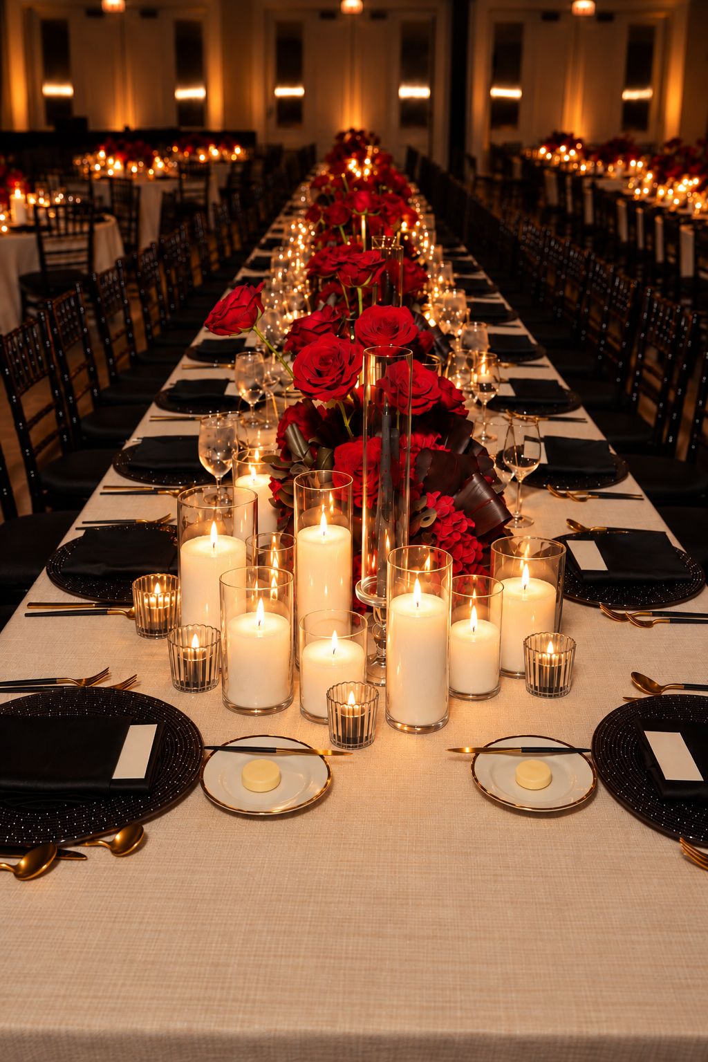 Layered glass hurricanes and candlelight along a banquet table with red roses