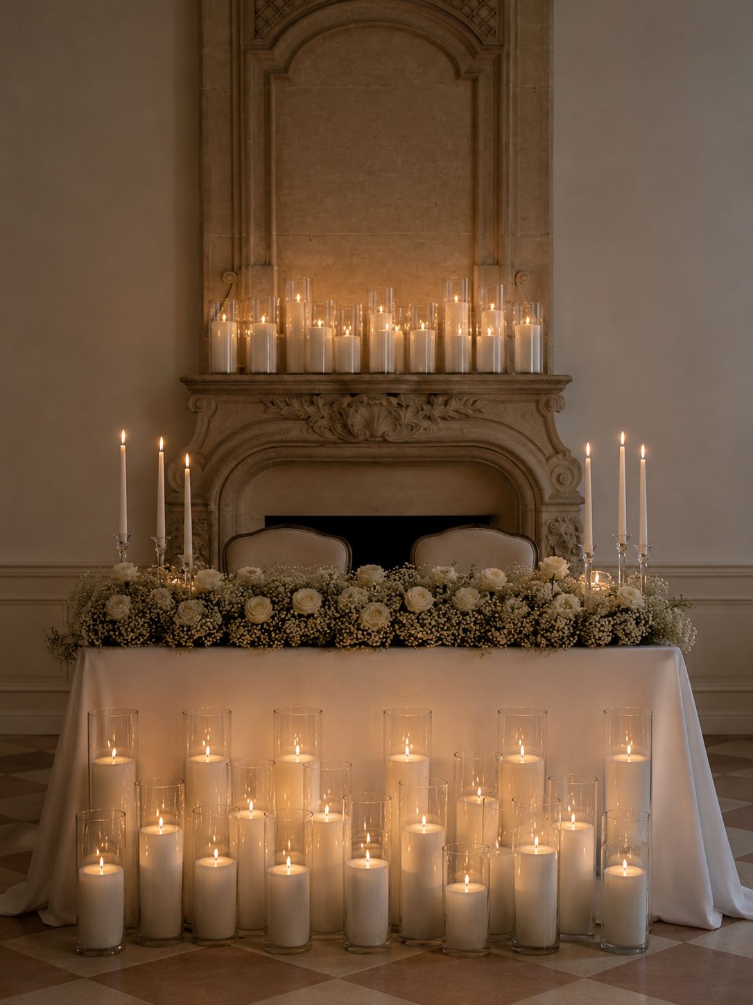 Sweetheart table framed by layered candlelight on the floor and fireplace
