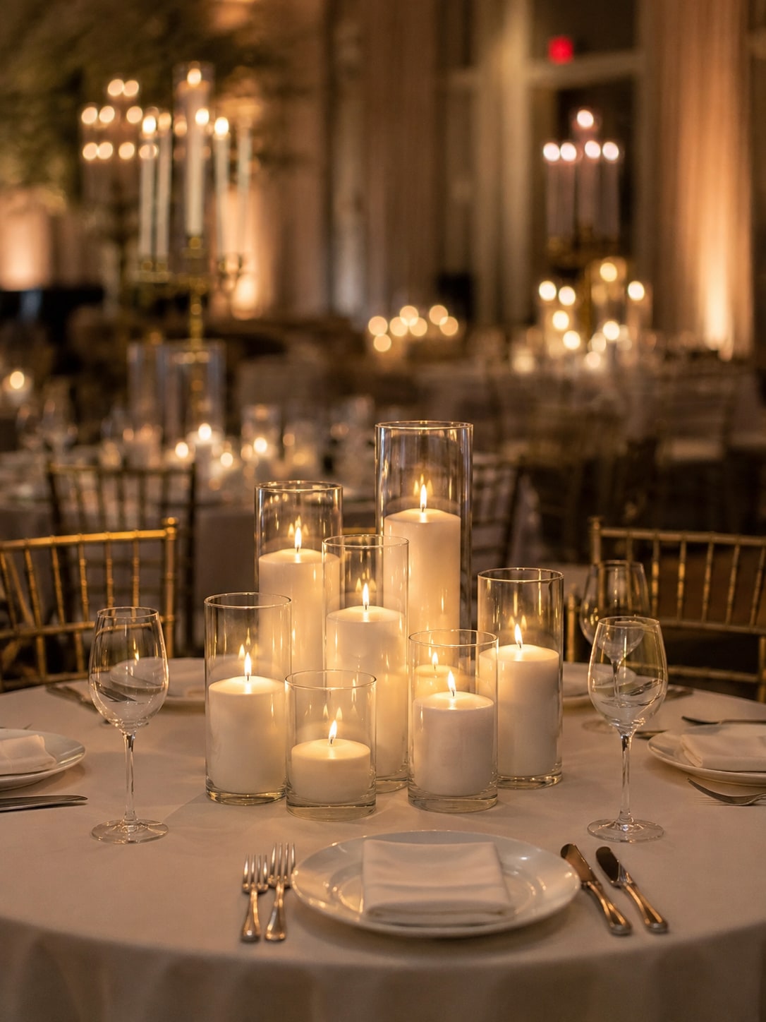 Layered glass cylinder centerpiece glowing on a reception table